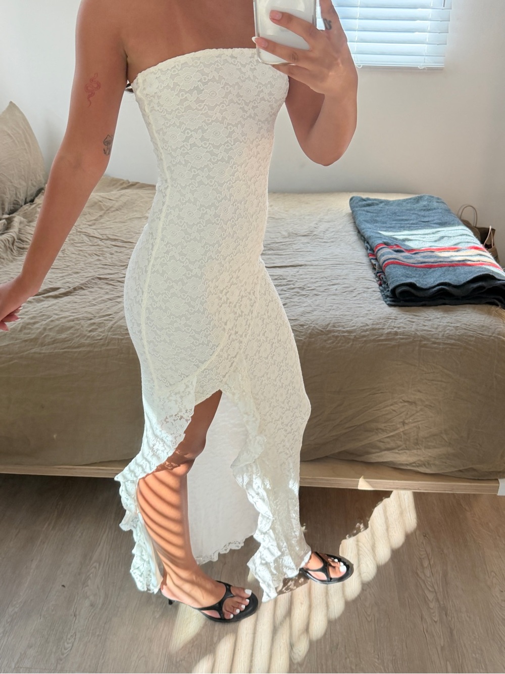 White Fox Boutique Strapless White Lace Ruffled Midi Dress